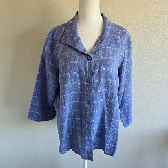 Habitat Clothes To Live In Button Shirt Top Linen Blend Blue White Check Size L - Picture 1 of 9